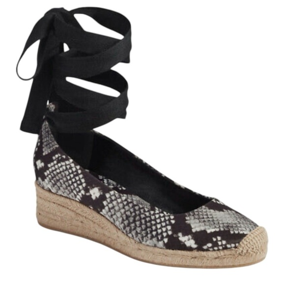 NWOB TORY BURCH Heather Ankle Wrap Satin Espadrille Wedge US 8 Black/Roccia - Picture 1 of 7